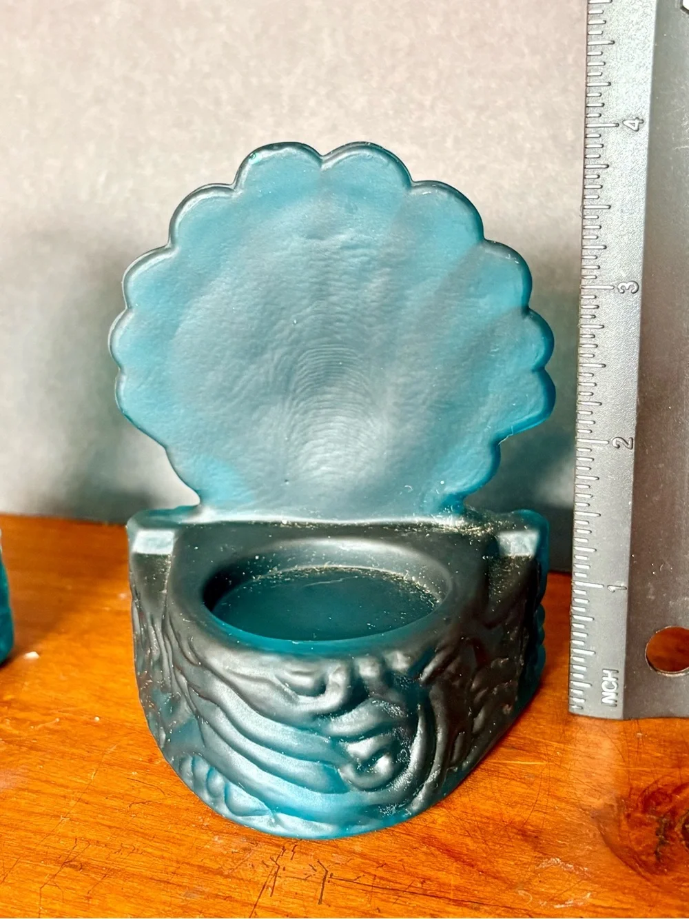 Vintage Anchor Hocking Teal Glass Votive Holders- Scrolled Seashells